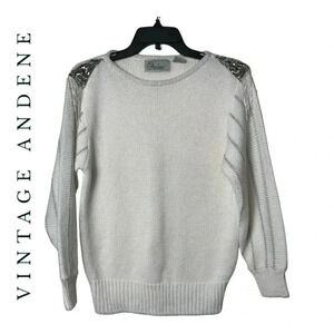 1479. VINTAGE ANDENE LONG SLEEVE‎ SEQUIN/BEADING SWEATER WHITE/SILVER IN COLOR